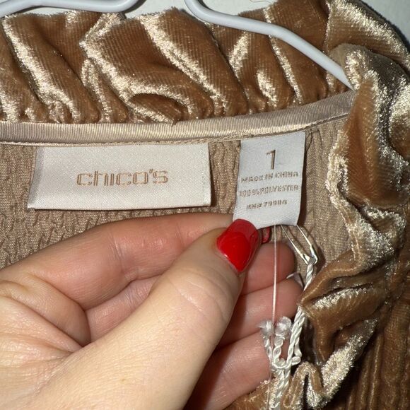 Chico's Keily Crinkle Velvet Ruffle Trim Jacket - Gold 1 - Picture 5 of 7